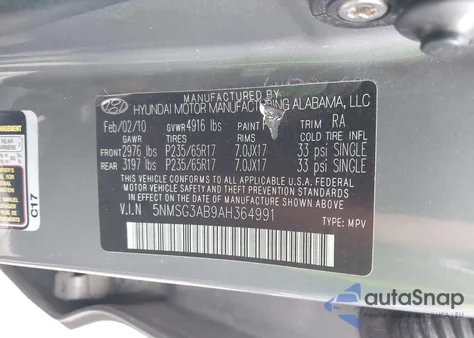 2010 Hyundai Santa Fe Gls z USA, uszkodzony, nr VIN 5NMSG3AB9AH364991